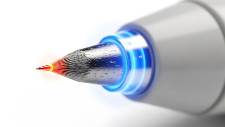 Futuristic showing close up of futuristic pen tip with glowing blue light and red glow.