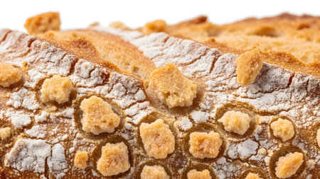 Extreme close-up of a rustic bread loaf crust showing fine flour dusting and scattered crunchy...の写真素材