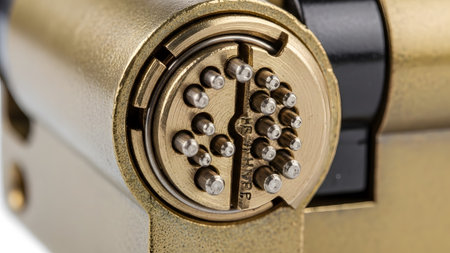 Stock showing close up of a brass lock cylinder with visible pins and markings on white.