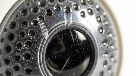 Stock showing close up of a damaged black camera lens with scratches and dust particles.の写真素材