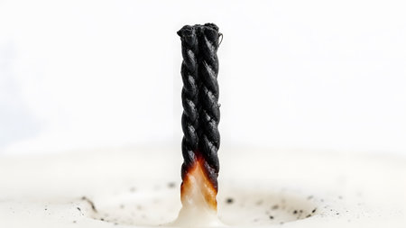 Stock showing close up of a burnt black candle wick with melted wax and ash on white background....の写真素材