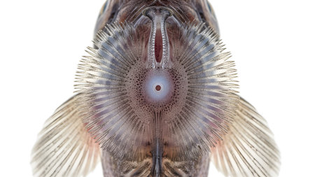 Stock showing close up of a fish mouth and fins with intricate patterns and textures on a white...