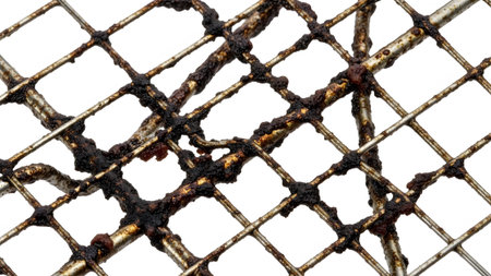 Stock showing close up of a dirty metal grill grate with burnt food residue and grease on white...