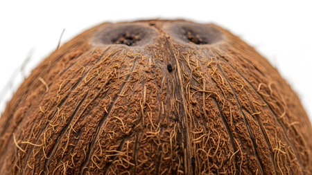 Detail showing close up extreme macro shot of a brown hairy coconut shell with dark eye sockets...