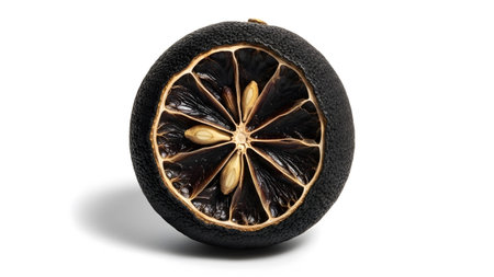 A dried black lime is sliced in half showing its dark, textured pulp and visible seeds against a...の写真素材