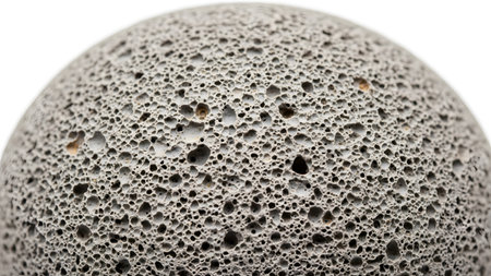 A detailed macro shot of a gray spherical with a highly porous surface and numerous small holes.