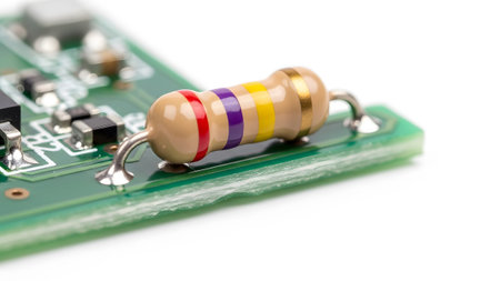 A single electronic resistor with colorful bands is soldered onto a green circuit board, with...