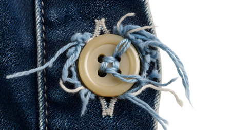 Stock showing close up of a beige button with light blue thread on frayed denim fabric with...