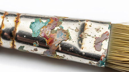 Macro shot of a metal paintbrush ferrule showing chipped paint in various colors and signs of...