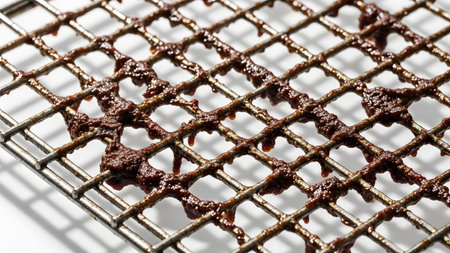 Kitchenware showing close up of a dirty metal cooling rack with dried food residue and grease...