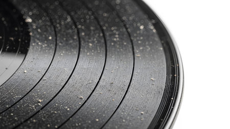 Record showing close up of a dusty black vinyl record with visible grooves and scattered debris...