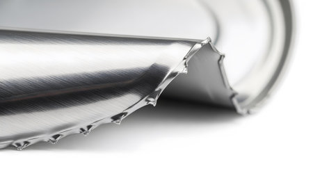 A detailed macro shot of a torn metallic can lid showing sharp jagged edges and a brushed silver...