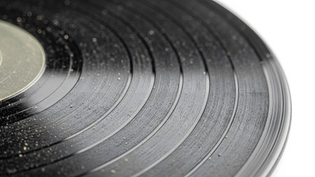 Record showing close up of a dusty black vinyl record with concentric grooves and a light grey...の写真素材