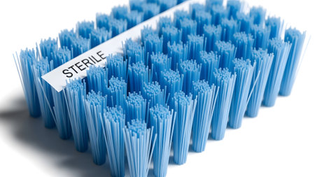 A macro view of a sterile blue brush with tightly packed bristles and a white label.......
