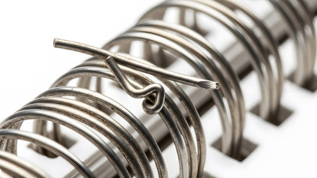 Macro view of a silver metal wire spiral binding on white paper pages, showing intricate detail...の写真素材