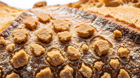 Macro view of a golden brown bread crust with scattered sugar crystals and a light dusting of...