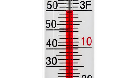 Close showing close up of a thermometer showing a red liquid column indicating a temperature of...