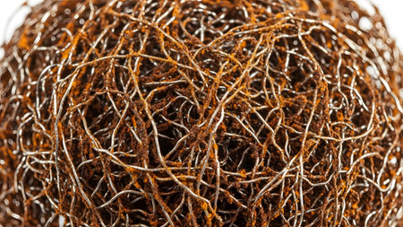 A detailed macro shot of a spherical made of interwoven rusty metal wires, showcasing intricate...