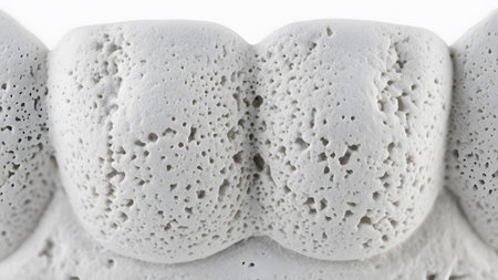 Close-up showing close-up of a white textured dental model with porous surfaces and a white...