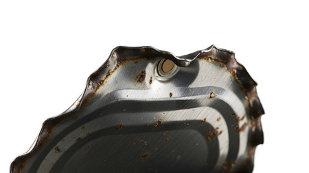 A close-up view of a rusted metal bottle cap's torn edge, showing detailed corrosion and texture...