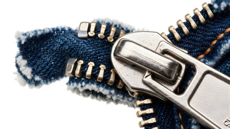 Stock showing close up of a partially opened metal zipper on blue denim fabric with frayed edges...