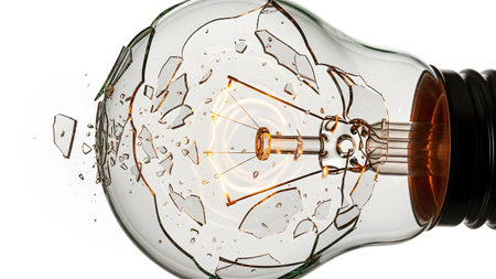 Glass showing close-up of a broken incandescent light bulb with glowing filament and glass...の写真素材
