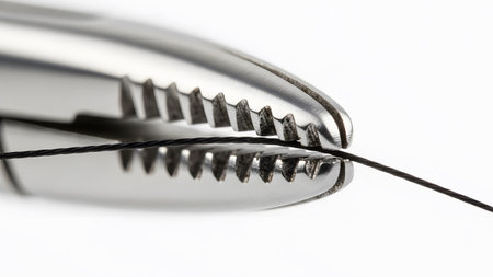 Macro view of shiny metal pliers with serrated jaws tightly holding a thin black wire against a...