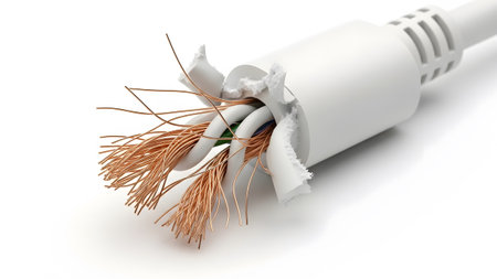 Background showing close up of frayed white electrical cable with exposed copper wires on white...