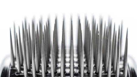 View showing close-up macro view of many sharp metallic needles on a white background.