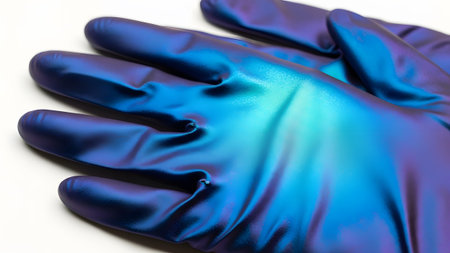 showing close-up of iridescent blue and purple nitrile gloves with wrinkled texture.