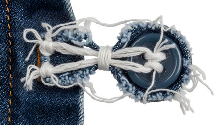 Stock showing close-up of a blue button on distressed denim with frayed threads. resolution...