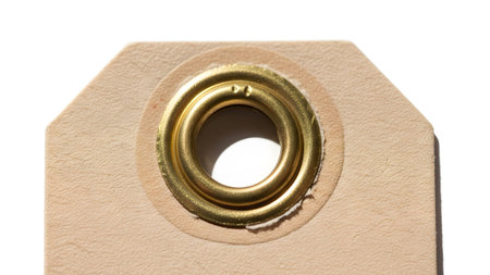 (126) showing close-up of a brass grommet reinforcing a light brown paper tag with a white...の写真素材
