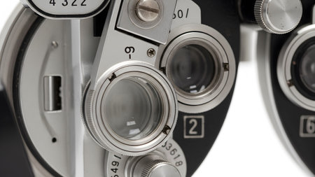 Device showing close-up of a phoropter eye examination device with lenses and dials.