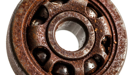 Extreme close-up of a severely rusted and corroded ball bearing, revealing pitted metal surfaces...の写真素材