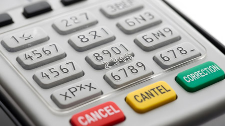 showing close-up of a payment terminal keypad with red cancel button and green correction...