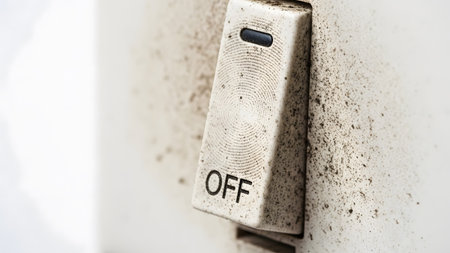 Stock showing close-up of a dirty white light switch in the off position with dust and grime....の写真素材
