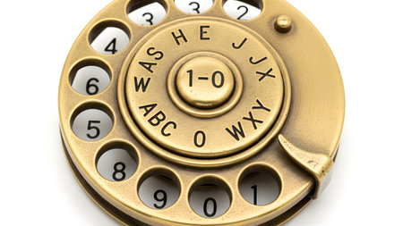 Close-up showing close-up of antique brass rotary phone dial with numbers and letters.