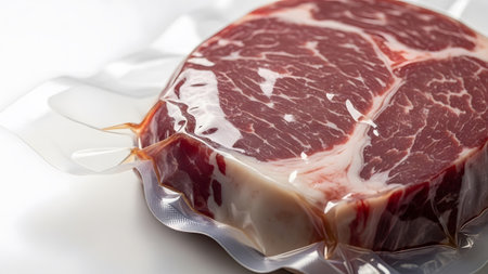 showing close-up of vacuum sealed raw beef steak with marbling on white background.