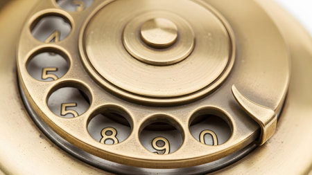 Close-up showing close-up of antique brass rotary phone dial with numbers. resolution