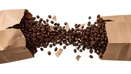 Stock showing brown paper bag ripped open with roasted coffee beans spilling out and flying in...の写真素材