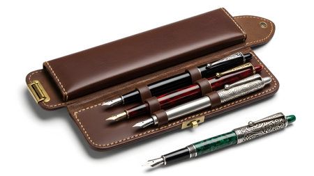 Inside showing brown leather pen case open with four fountain pens inside and one outside.