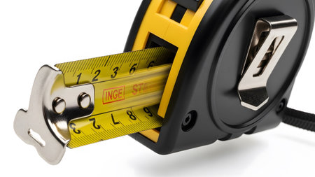 Black showing close-up of a yellow and black tape measure with visible markings.