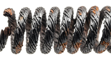Strands showing close-up of a damaged burnt wire coil with frayed strands and rust.