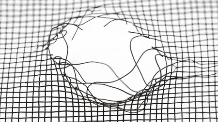 Stock showing close-up of a torn black mesh screen with a large hole in the center on white...