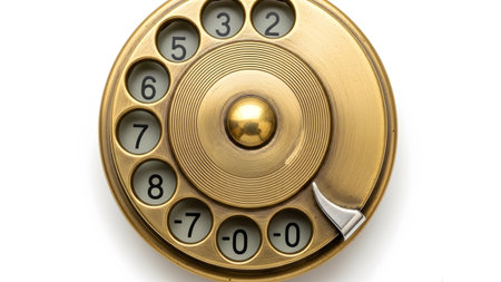 Stock showing close-up of a vintage brass rotary telephone dial with numbers on white.