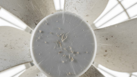 Stock showing close-up of a dirty white fan hub with accumulated dust and small debris...の写真素材