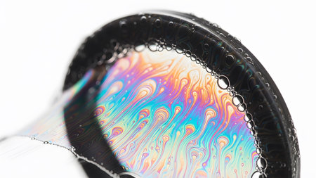 Colors showing close-up of a soap bubble showing swirling rainbow colors and tiny bubbles on...の写真素材