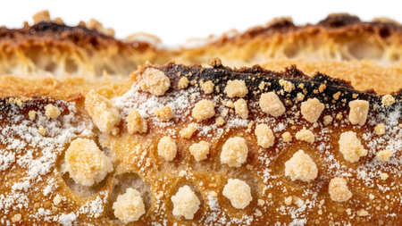 A detailed macro shot captures a burnt brown bread crust with clusters of sugar and a dusting of...