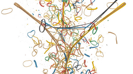 A dynamic, chaotic burst of colorful rubber bands explodes outwards against a stark white...の写真素材