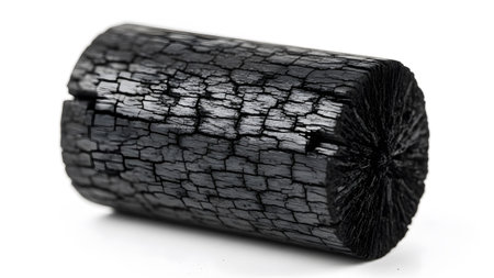 Cylindrical showing cylindrical charcoal log with cracked surface and radial texture on white...の写真素材